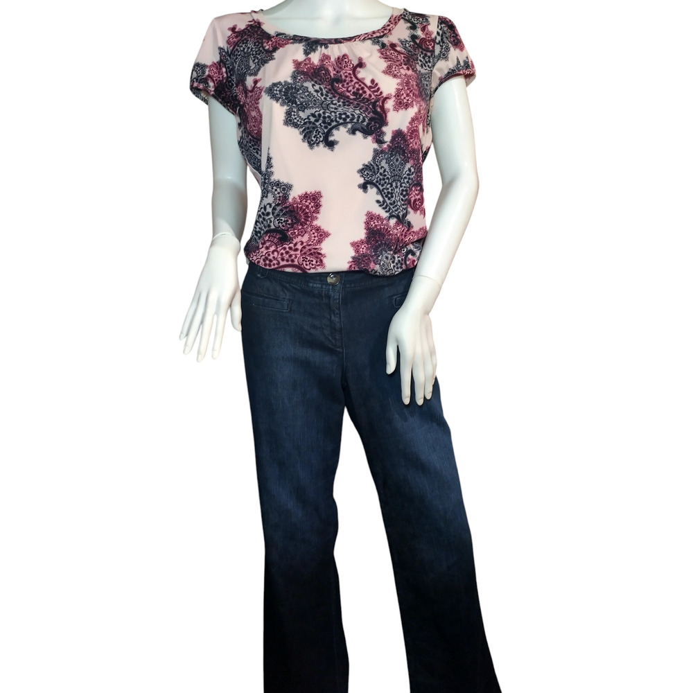 Worthington Womens Cap Sleeve Scoop neck Floral Blouse Pink Size Medium